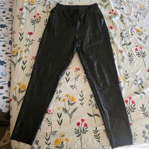 Saints 21 Black Faux Leather Joggers Drawstring High Waist Pants Womens Small
